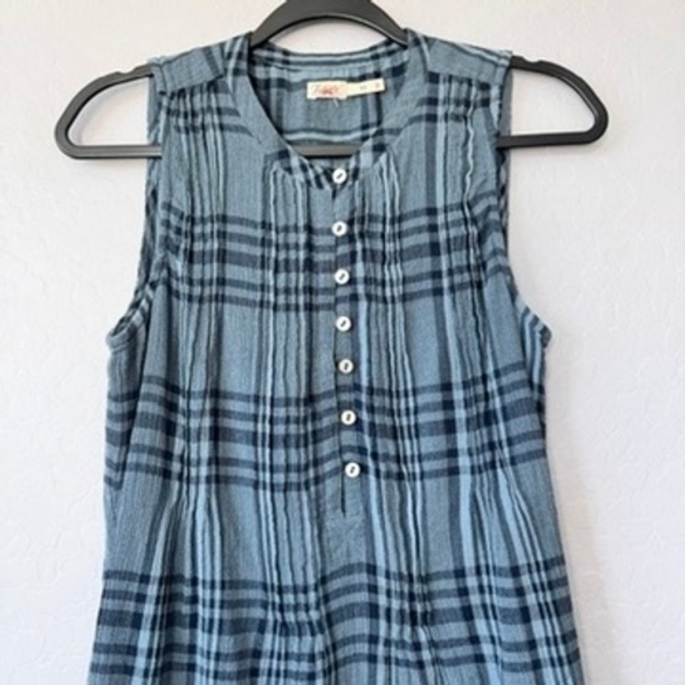 Faherty XSmall Blue Navy Plaid Sleeveless Button Front Dress with Pockets - Picture 2 of 10